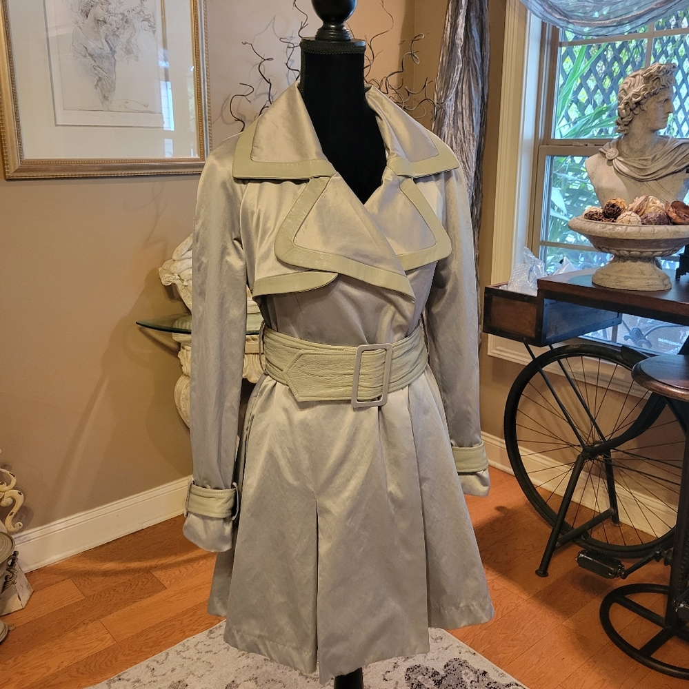 Bebe Fully Lined Trench Coat Satine Coat Rain Coat Leather Trim Designer #700